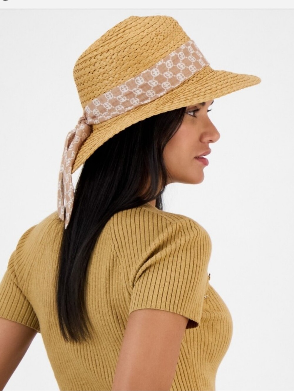 Giani Bernini Straw Panama Hat with Logo Scarf Tie, NWT